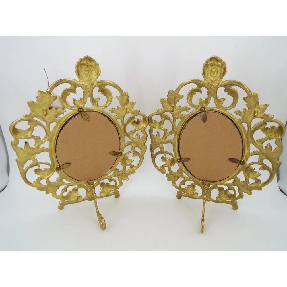 Pair of Vintage Valleau USA Ornate Brass Photo Frames with Stands